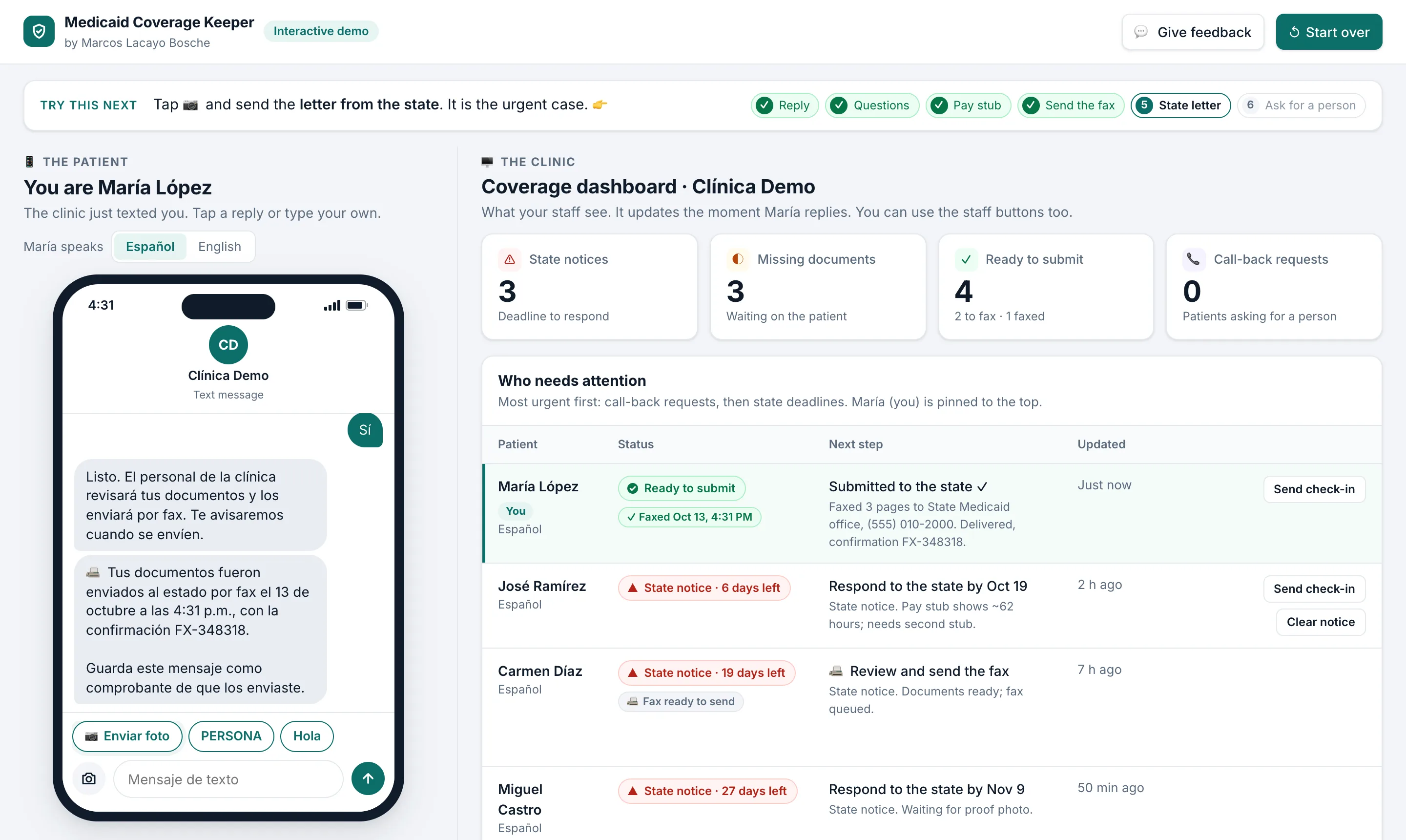The demo: on the left, a patient's text conversation ending with a fax confirmation; on the right, the clinic dashboard showing the patient as Ready to submit and Faxed.